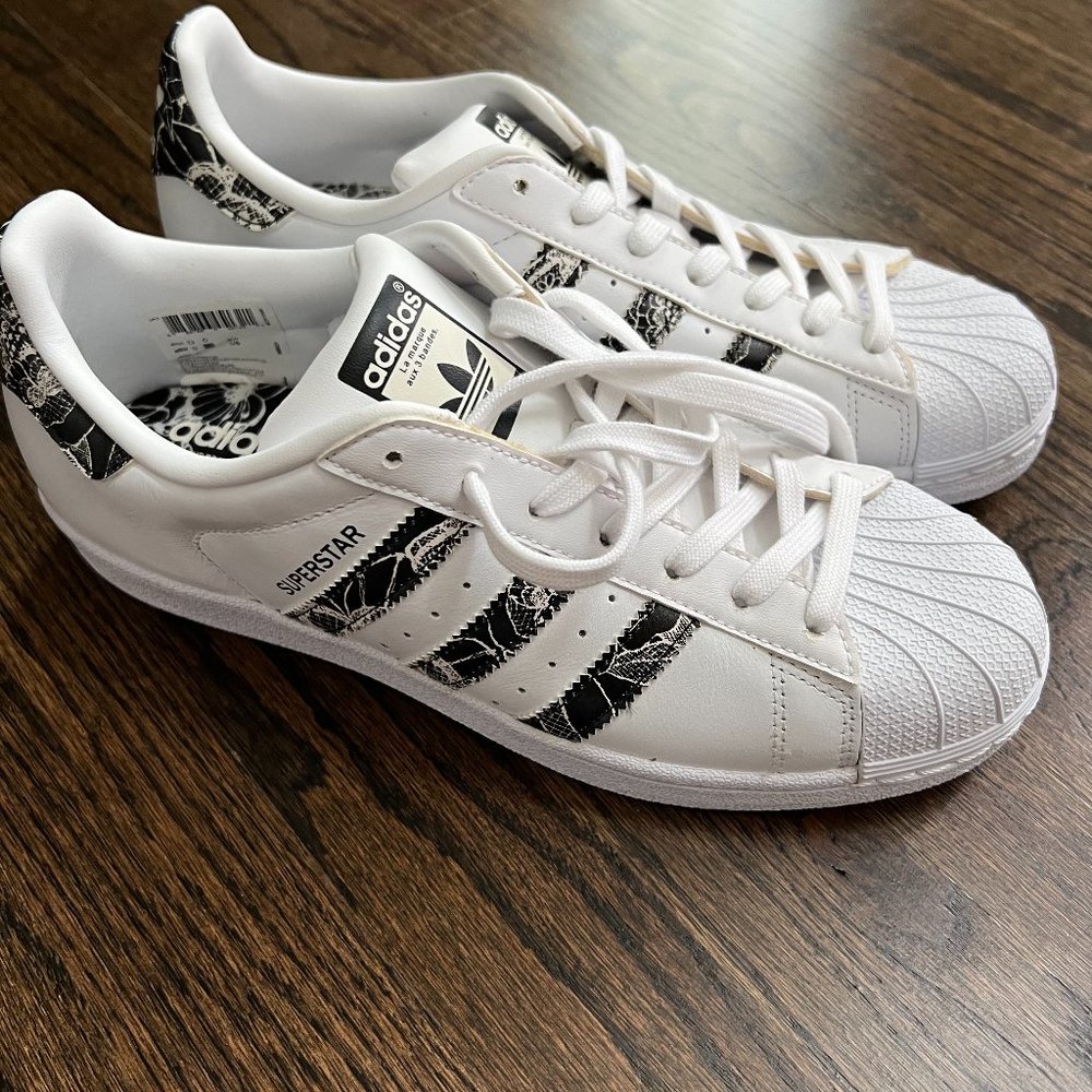 Adidas Superstar black white floral shoes, size 8.5 NWOB